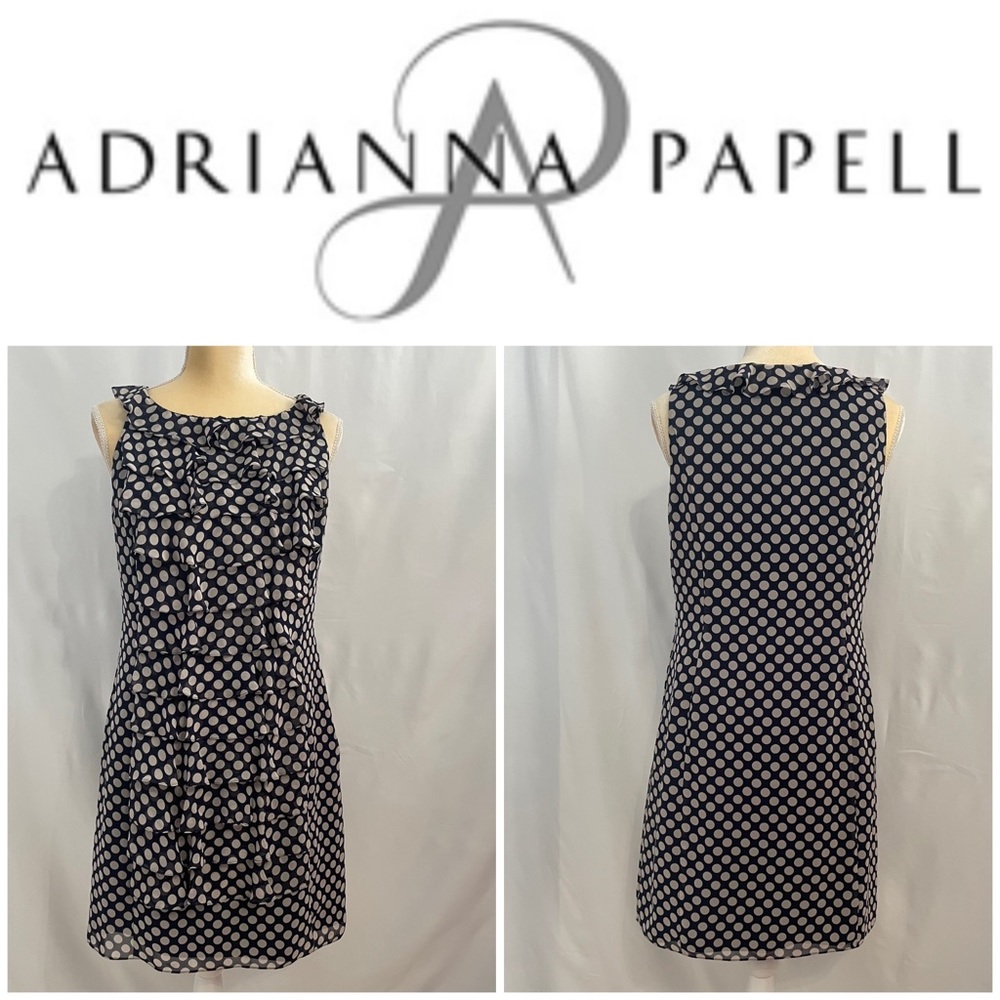 Adrianna Papell navy blue dress with white polka dots.  Size 10